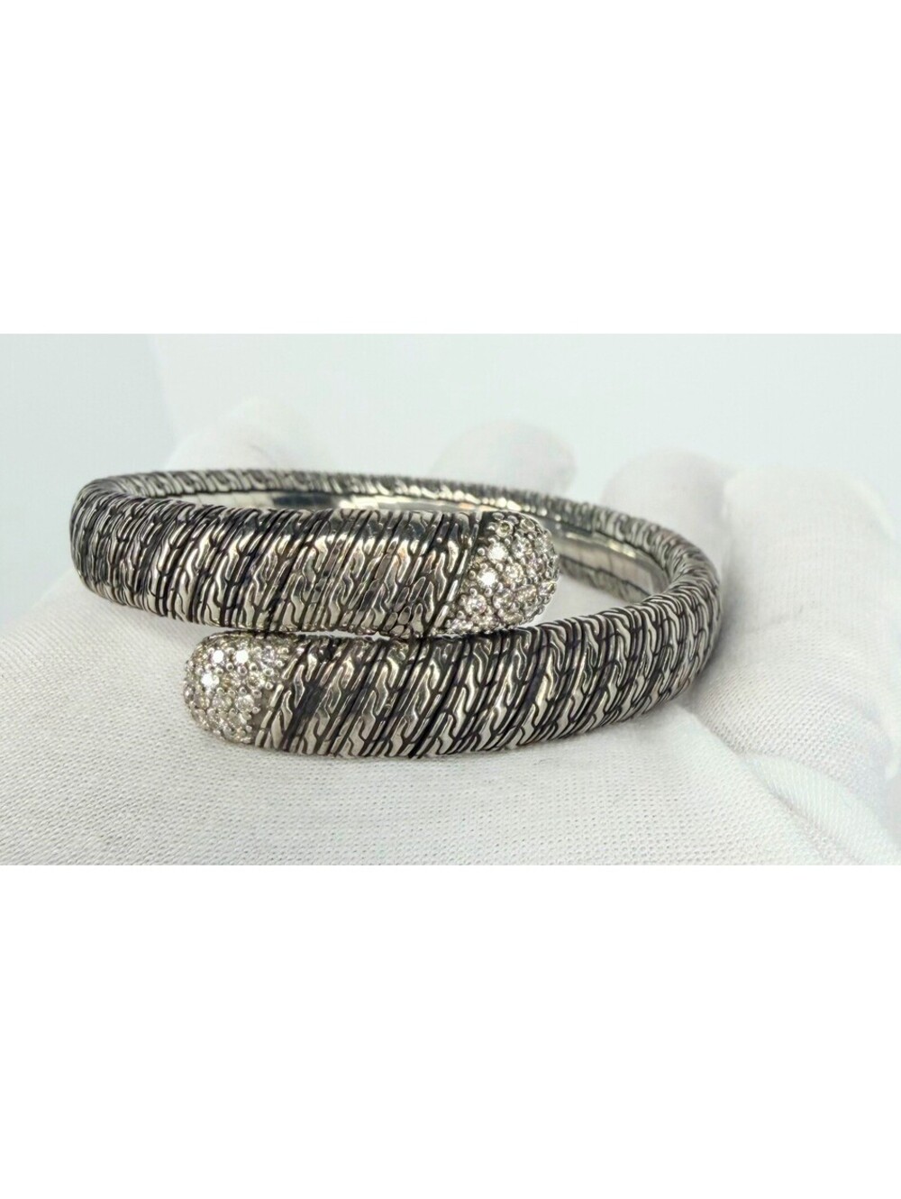 John Hardy Sterling Silver Coil Bypass Flex Cuff Bracelet Bangle Pave Diamonds